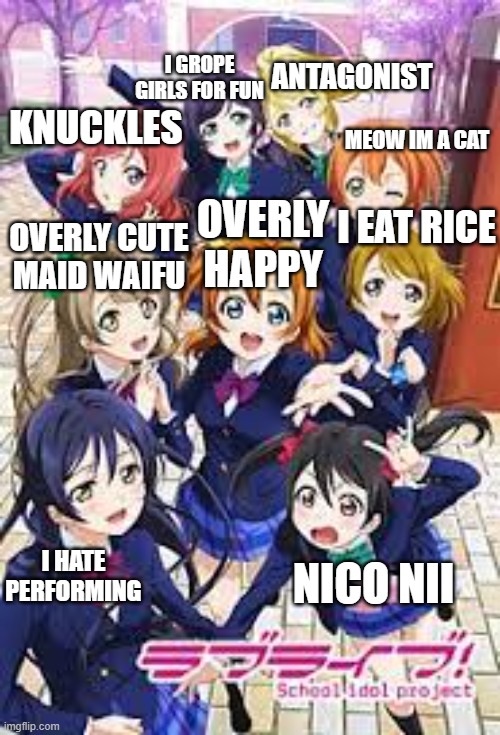 Love Live In A Nutshell | ANTAGONIST; I GROPE GIRLS FOR FUN; KNUCKLES; MEOW IM A CAT; I EAT RICE; OVERLY HAPPY; OVERLY CUTE MAID WAIFU; NICO NII; I HATE PERFORMING | image tagged in love live,nico nico nii,maid,rice | made w/ Imgflip meme maker