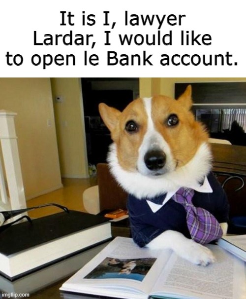 Lardar bank account (rank: Citizen) | It is I, lawyer Lardar, I would like to open le Bank account. | image tagged in lawyer corgi dog | made w/ Imgflip meme maker