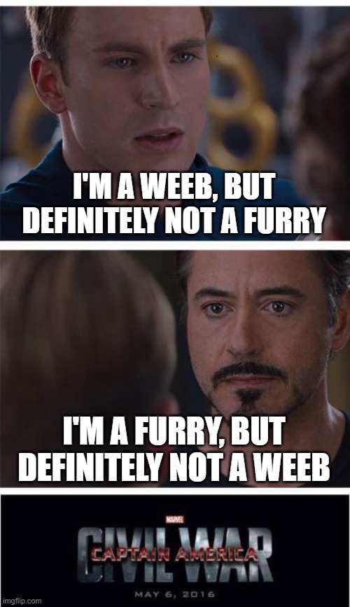 Marvel Civil War 1 Meme | I'M A WEEB, BUT DEFINITELY NOT A FURRY I'M A FURRY, BUT DEFINITELY NOT A WEEB | image tagged in memes,marvel civil war 1 | made w/ Imgflip meme maker