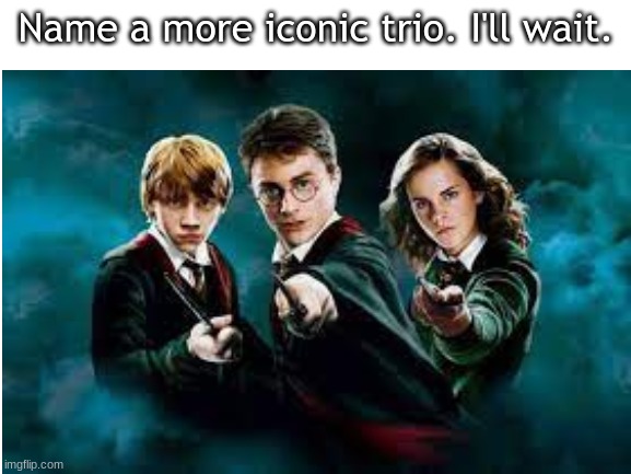 Name a more iconic trio. I'll wait. | image tagged in harry potter meme,harry potter | made w/ Imgflip meme maker