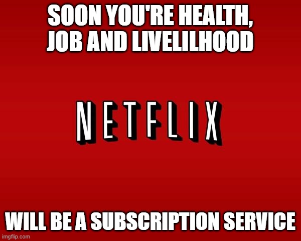 scumbag netflix | SOON YOU'RE HEALTH, JOB AND LIVELILHOOD WILL BE A SUBSCRIPTION SERVICE | image tagged in scumbag netflix | made w/ Imgflip meme maker