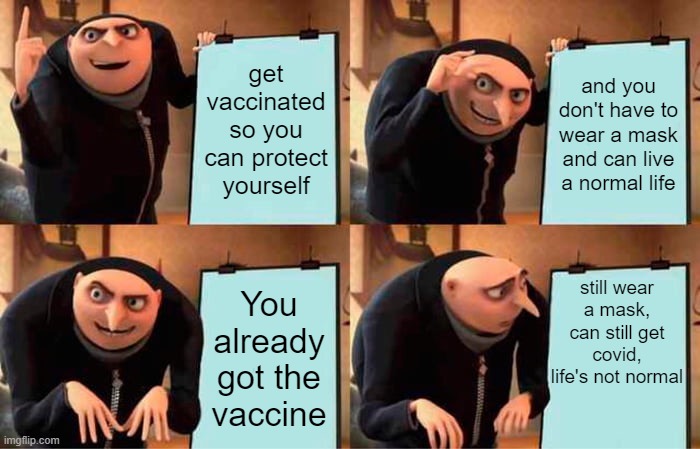 Gru's Plan | get vaccinated so you can protect yourself; and you don't have to wear a mask and can live a normal life; still wear a mask,
can still get covid,
life's not normal; You already got the vaccine | image tagged in memes,gru's plan | made w/ Imgflip meme maker