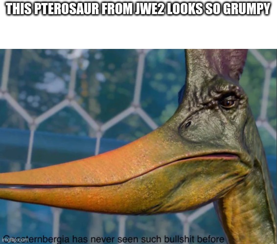 He looks like he needs some coffee | THIS PTEROSAUR FROM JWE2 LOOKS SO GRUMPY | image tagged in grumpy,funny | made w/ Imgflip meme maker