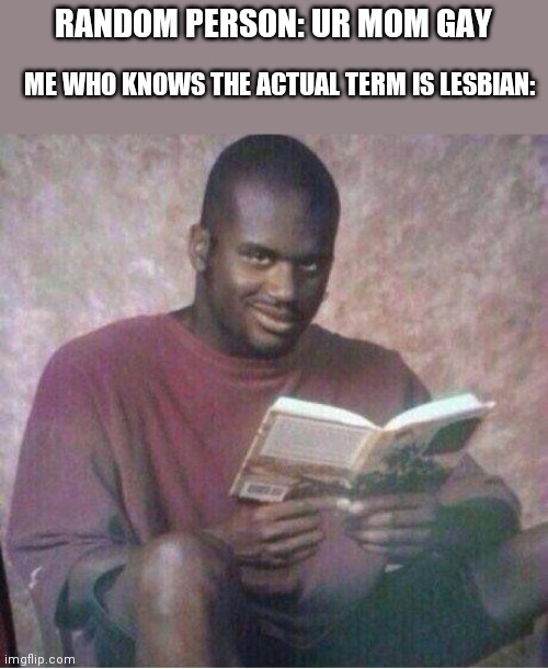 It's true though (but call yourself by however you like, of course) | RANDOM PERSON: UR MOM GAY; ME WHO KNOWS THE ACTUAL TERM IS LESBIAN: | image tagged in shaq reading meme,lesbian | made w/ Imgflip meme maker