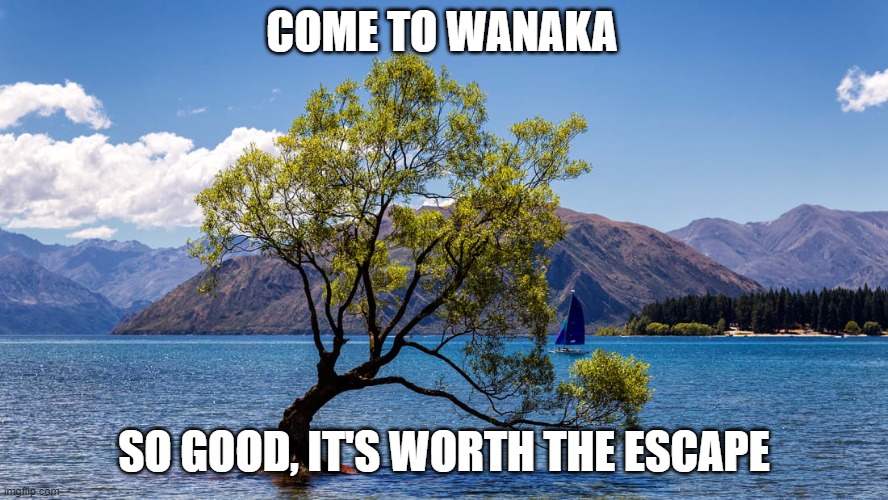 wanaka | COME TO WANAKA; SO GOOD, IT'S WORTH THE ESCAPE | image tagged in covidescape | made w/ Imgflip meme maker