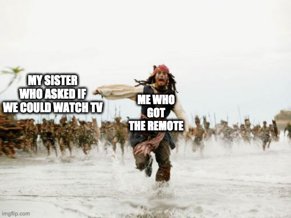 true | MY SISTER WHO ASKED IF WE COULD WATCH TV; ME WHO GOT THE REMOTE | image tagged in memes,jack sparrow being chased | made w/ Imgflip meme maker