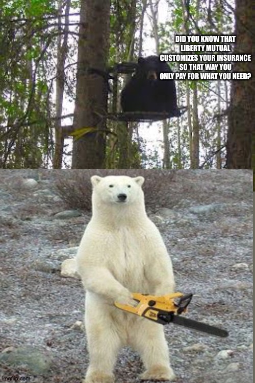 Bear with me, this meme was lame. |  DID YOU KNOW THAT LIBERTY MUTUAL CUSTOMIZES YOUR INSURANCE SO THAT WAY YOU ONLY PAY FOR WHAT YOU NEED? | image tagged in bear in tree stand,chainsaw bear,liberty mutual,only pay for what you need,insurance,memes | made w/ Imgflip meme maker