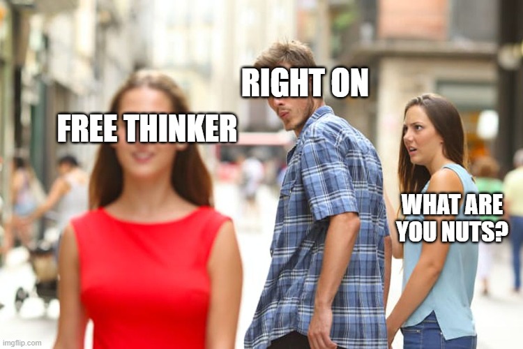 Distracted Boyfriend Meme | RIGHT ON; FREE THINKER; WHAT ARE YOU NUTS? | image tagged in memes,distracted boyfriend | made w/ Imgflip meme maker