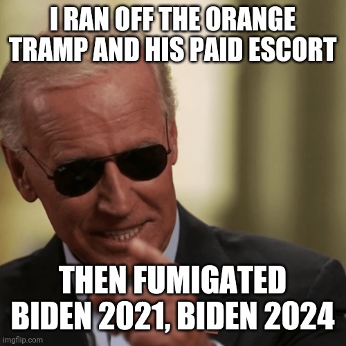 Bad Ass Biden | I RAN OFF THE ORANGE TRAMP AND HIS PAID ESCORT; THEN FUMIGATED
BIDEN 2021, BIDEN 2024 | image tagged in badass biden | made w/ Imgflip meme maker