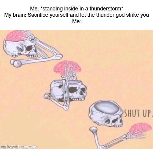 skeleton shut up meme | Me: *standing inside in a thunderstorm*
My brain: Sacrifice yourself and let the thunder god strike you
Me: | image tagged in skeleton shut up meme | made w/ Imgflip meme maker