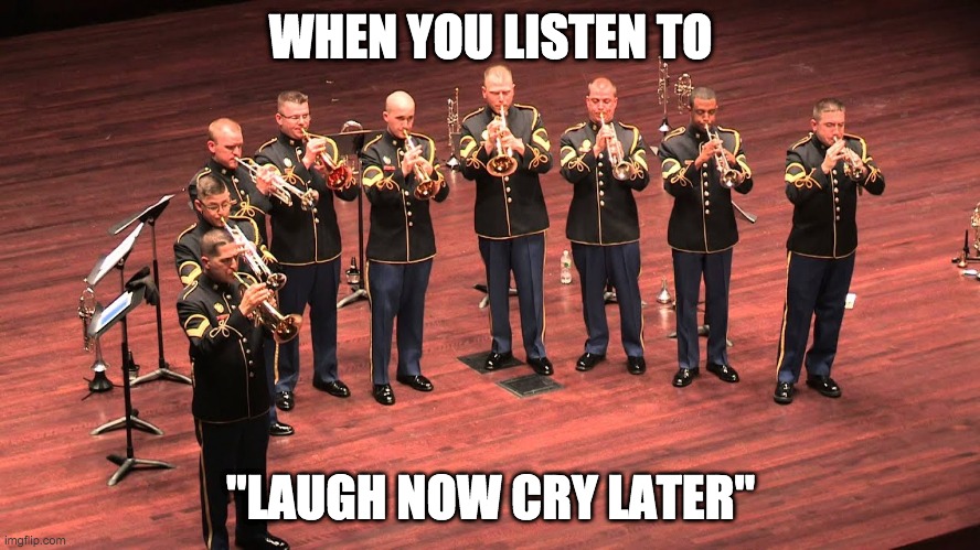 what you are thinking | WHEN YOU LISTEN TO; "LAUGH NOW CRY LATER" | image tagged in trumpet,memes | made w/ Imgflip meme maker