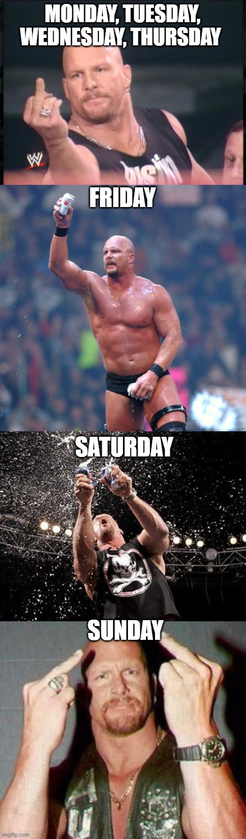 Days of the week portrayed by "stone cold" Steve Austin | MONDAY, TUESDAY, WEDNESDAY, THURSDAY; FRIDAY; SATURDAY; SUNDAY | image tagged in stone cold finger,stone cold steve austin,stone cold beers | made w/ Imgflip meme maker