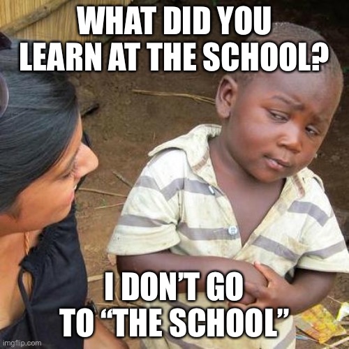 Third World Skeptical Kid | WHAT DID YOU LEARN AT THE SCHOOL? I DON’T GO TO “THE SCHOOL” | image tagged in memes,third world skeptical kid | made w/ Imgflip meme maker