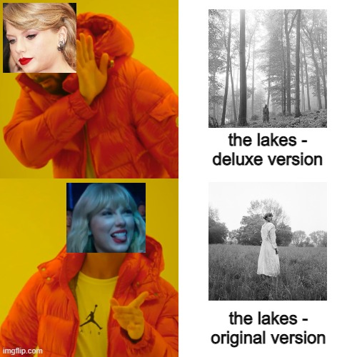 drake at the lakes | the lakes - deluxe version; the lakes - original version | image tagged in memes,drake hotline bling,taylor swift,the lakes,folklore | made w/ Imgflip meme maker