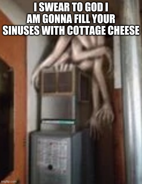Clump | I SWEAR TO GOD I AM GONNA FILL YOUR SINUSES WITH COTTAGE CHEESE | image tagged in clump | made w/ Imgflip meme maker
