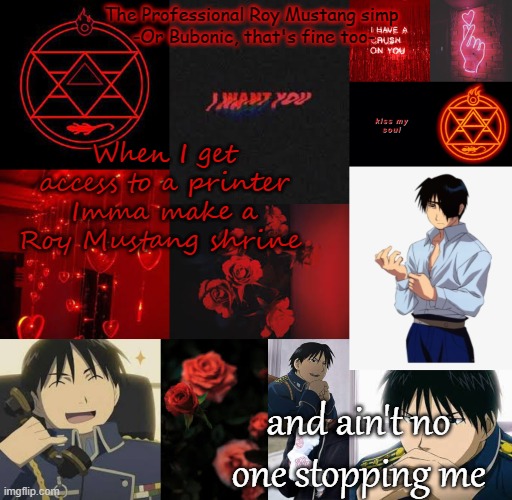 I am a professional Roy Mustang simp | When I get access to a printer Imma make a Roy Mustang shrine; and ain't no one stopping me | image tagged in i am a professional roy mustang simp | made w/ Imgflip meme maker