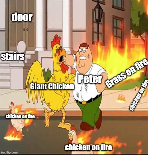 fight | door; stairs; Grass on fire; Peter; Giant Chicken; chicken on fire; chicken on fire; chicken on fire | image tagged in family guy - fight | made w/ Imgflip meme maker