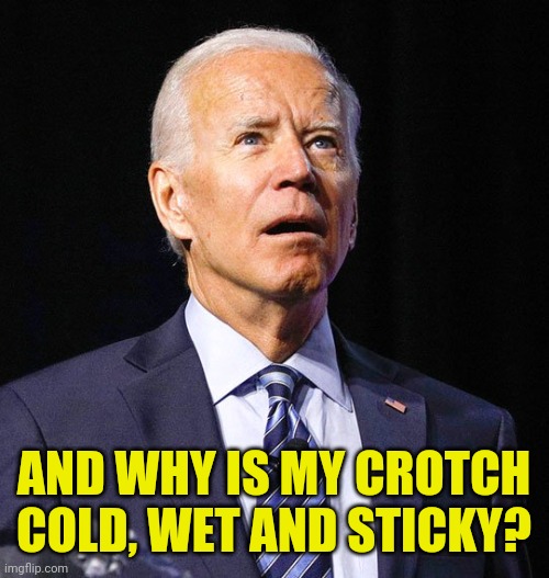 Joe Biden | AND WHY IS MY CROTCH COLD, WET AND STICKY? | image tagged in joe biden | made w/ Imgflip meme maker