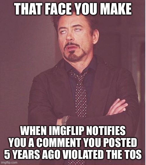 Isn’t there a Statute of Limitations on this??? |  THAT FACE YOU MAKE; WHEN IMGFLIP NOTIFIES YOU A COMMENT YOU POSTED 5 YEARS AGO VIOLATED THE TOS | image tagged in memes,face you make robert downey jr,meanwhile on imgflip,new normal,imgflip mods,statute of limitations | made w/ Imgflip meme maker