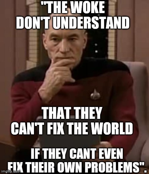 picard thinking | "THE WOKE DON'T UNDERSTAND; THAT THEY CAN'T FIX THE WORLD; IF THEY CANT EVEN FIX THEIR OWN PROBLEMS". | image tagged in picard thinking | made w/ Imgflip meme maker