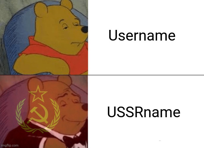 "In soviet Russia you don't make usernames, usernames make you" | Username; USSRname | image tagged in memes,tuxedo winnie the pooh,soviet union,ussr,username,usernames | made w/ Imgflip meme maker