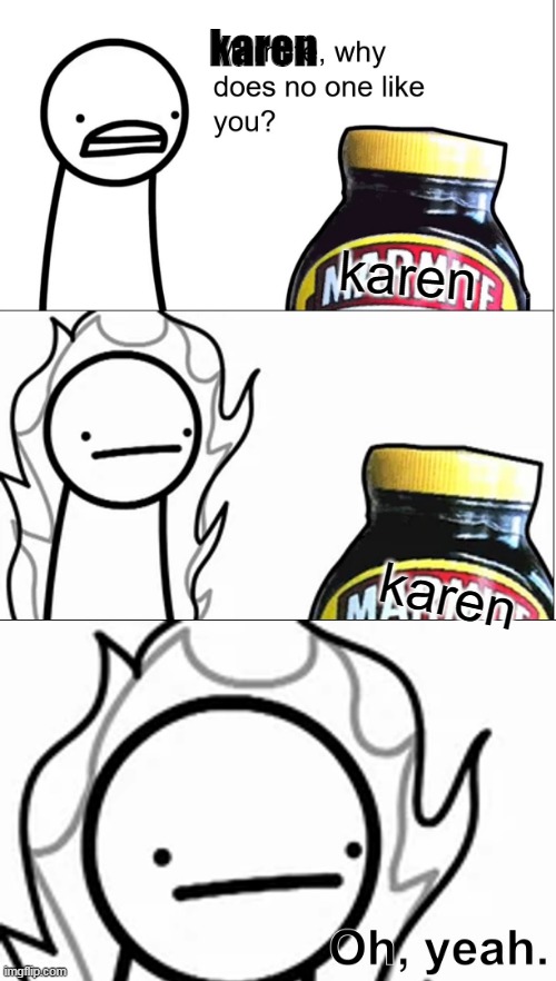 Marmite why does no one like you | karen karen karen | image tagged in marmite why does no one like you | made w/ Imgflip meme maker