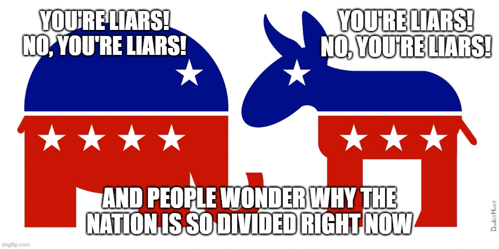 who's lying? | YOU'RE LIARS!
NO, YOU'RE LIARS! YOU'RE LIARS!
NO, YOU'RE LIARS! AND PEOPLE WONDER WHY THE NATION IS SO DIVIDED RIGHT NOW | image tagged in republican and democrat | made w/ Imgflip meme maker