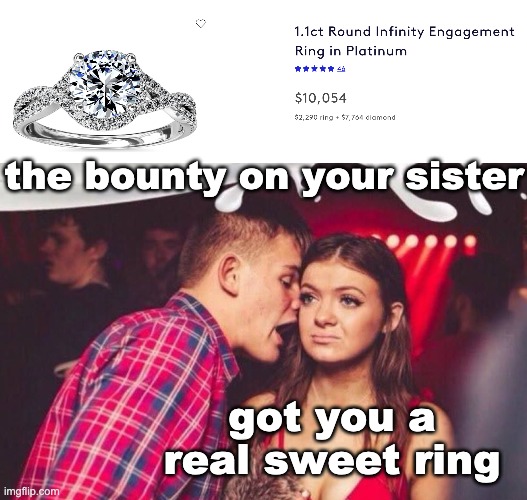 Romance in Texas | the bounty on your sister got you a real sweet ring | image tagged in edm mansplainer,abortion,romance,bounty hunter,texas | made w/ Imgflip meme maker