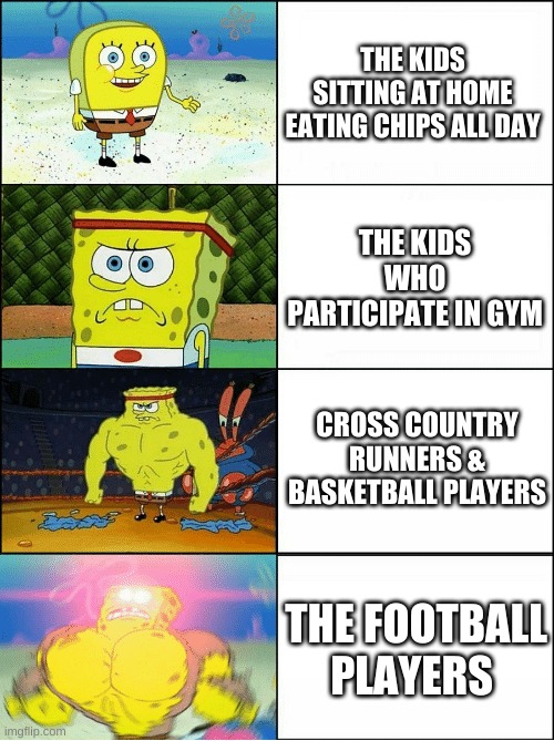 The 4 types of kids at our school | THE KIDS SITTING AT HOME EATING CHIPS ALL DAY; THE KIDS WHO PARTICIPATE IN GYM; CROSS COUNTRY RUNNERS & BASKETBALL PLAYERS; THE FOOTBALL PLAYERS | image tagged in sponge finna commit muder,spongebob,kids,strong | made w/ Imgflip meme maker