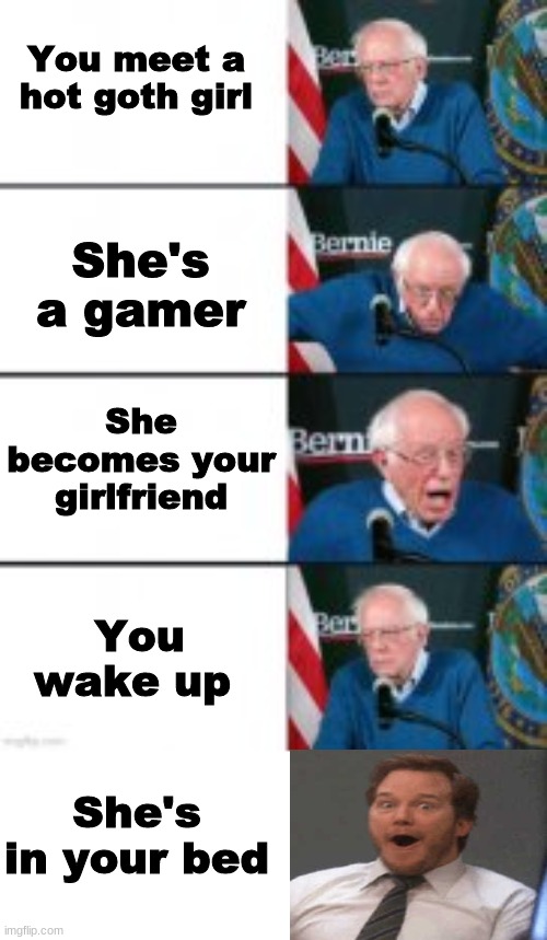 if only that were true | You meet a hot goth girl; She's a gamer; She becomes your girlfriend; You wake up; She's in your bed | image tagged in bernie sanders disappointed | made w/ Imgflip meme maker