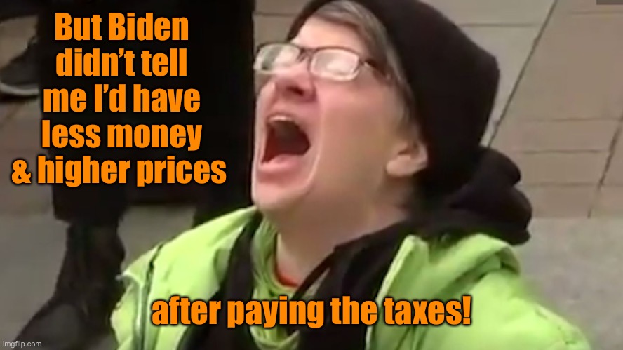 Screaming Liberal  | But Biden didn’t tell me I’d have less money & higher prices after paying the taxes! | image tagged in screaming liberal | made w/ Imgflip meme maker