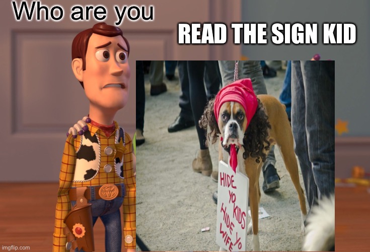 Who are you; READ THE SIGN KID | image tagged in woody | made w/ Imgflip meme maker
