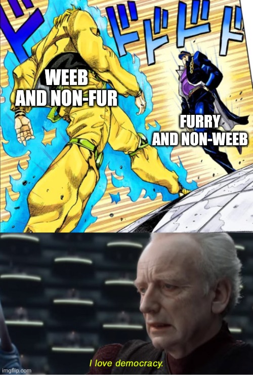 WEEB AND NON-FUR FURRY AND NON-WEEB | image tagged in jojo's walk,i love democracy | made w/ Imgflip meme maker