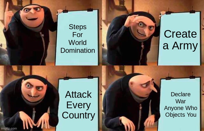 Gru's Plan | Steps For World Domination; Create a Army; Attack Every Country; Declare War Anyone Who Objects You | image tagged in memes,gru's plan | made w/ Imgflip meme maker