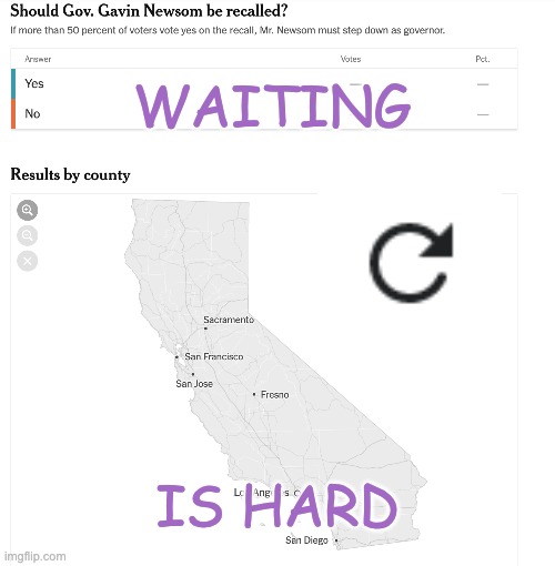 Less than 20 minutes till the polls close . . . quite a lot at stake | WAITING; IS HARD | image tagged in california,election,anxiety | made w/ Imgflip meme maker