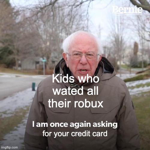 Bernie I Am Once Again Asking For Your Support Meme | Kids who wated all their robux; for your credit card | image tagged in memes,bernie i am once again asking for your support | made w/ Imgflip meme maker