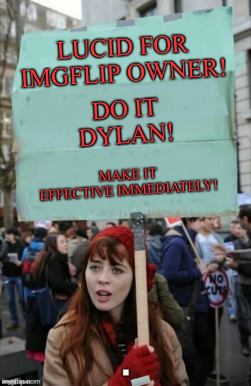 protestor | DO IT DYLAN! LUCID FOR IMGFLIP OWNER! MAKE IT EFFECTIVE IMMEDIATELY! | image tagged in protestor | made w/ Imgflip meme maker