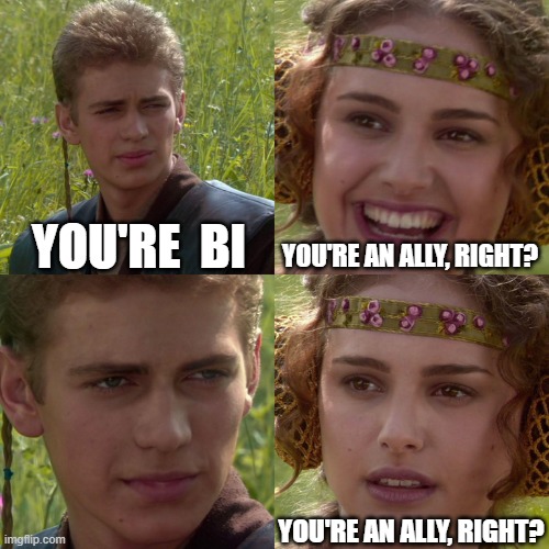 Anakin Padme 4 Panel | YOU'RE  BI; YOU'RE AN ALLY, RIGHT? YOU'RE AN ALLY, RIGHT? | image tagged in anakin padme 4 panel,funny memes | made w/ Imgflip meme maker