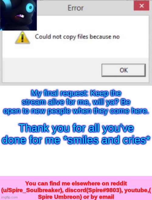 Spire CNCFNB template | My final request: Keep the stream alive for me, will ya? Be open to new people when they come here. Thank you for all you've done for me *smiles and cries* | image tagged in spire cncfnb template | made w/ Imgflip meme maker