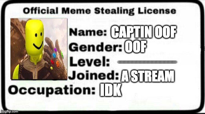 Meme Stealing License | CAPTIN OOF; OOF; 99999999999999999999999999999999999999999999999999999999999999999999999999999999999999999999999999999999999999999999999999999999999999999999999999999999999999999999999999999999; A STREAM; IDK | image tagged in meme stealing license | made w/ Imgflip meme maker