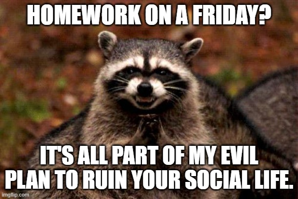 Evil Plotting Raccoon |  HOMEWORK ON A FRIDAY? IT'S ALL PART OF MY EVIL PLAN TO RUIN YOUR SOCIAL LIFE. | image tagged in memes,evil plotting raccoon | made w/ Imgflip meme maker