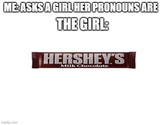 Blank White Template | THE GIRL:; ME: ASKS A GIRL HER PRONOUNS ARE | image tagged in blank white template | made w/ Imgflip meme maker