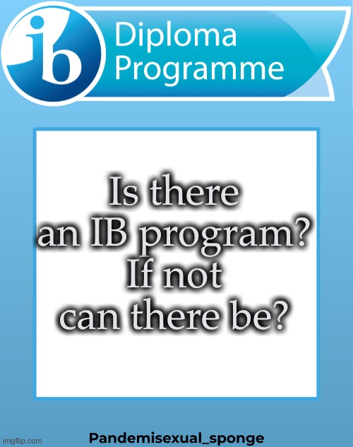 IB Announcement Temp | Is there an IB program? If not can there be? | image tagged in ib announcement temp,demisexual_sponge | made w/ Imgflip meme maker