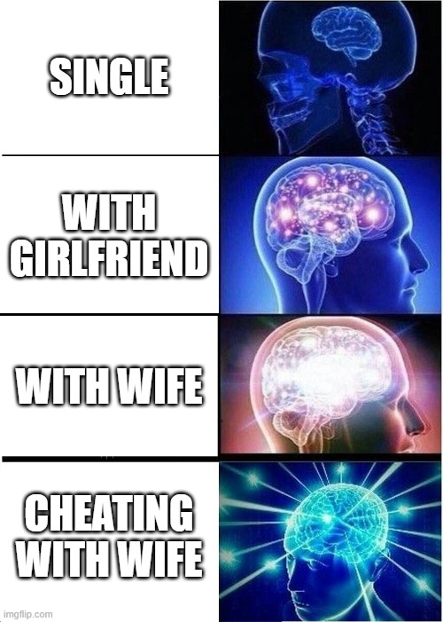 LEL |  SINGLE; WITH GIRLFRIEND; WITH WIFE; CHEATING WITH WIFE | image tagged in memes,expanding brain | made w/ Imgflip meme maker