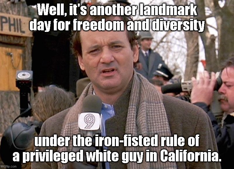 Same old, same old in California |  Well, it's another landmark day for freedom and diversity; under the iron-fisted rule of a privileged white guy in California. | image tagged in groundhog day,california recall vote,gavin newsom,tyranny,human stupidity,political humor | made w/ Imgflip meme maker