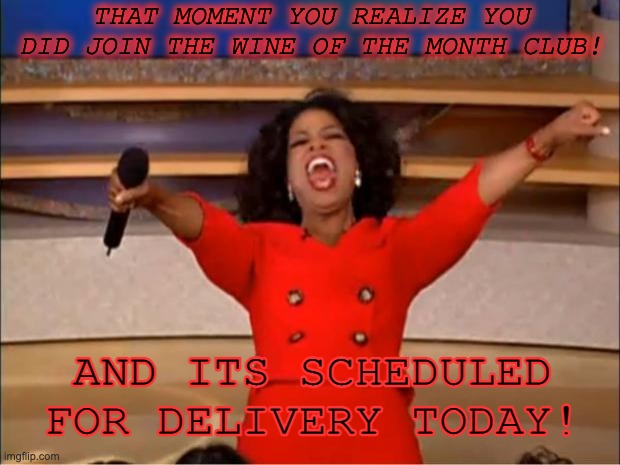 Oprah You Get A | THAT MOMENT YOU REALIZE YOU DID JOIN THE WINE OF THE MONTH CLUB! AND ITS SCHEDULED FOR DELIVERY TODAY! | image tagged in memes,oprah you get a | made w/ Imgflip meme maker