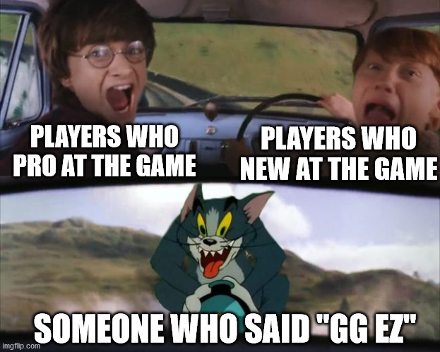 Gaming Memes (Not Minecraft) | PLAYERS WHO NEW AT THE GAME; PLAYERS WHO PRO AT THE GAME; SOMEONE WHO SAID "GG EZ" | image tagged in tom chasing harry potter,memes,gaming,funny memes | made w/ Imgflip meme maker