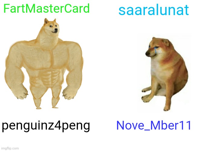 My roblox accounts (some) | FartMasterCard; saaralunat; penguinz4peng; Nove_Mber11 | image tagged in buff doge vs cheems,roblox,usernames,fart,november,names | made w/ Imgflip meme maker