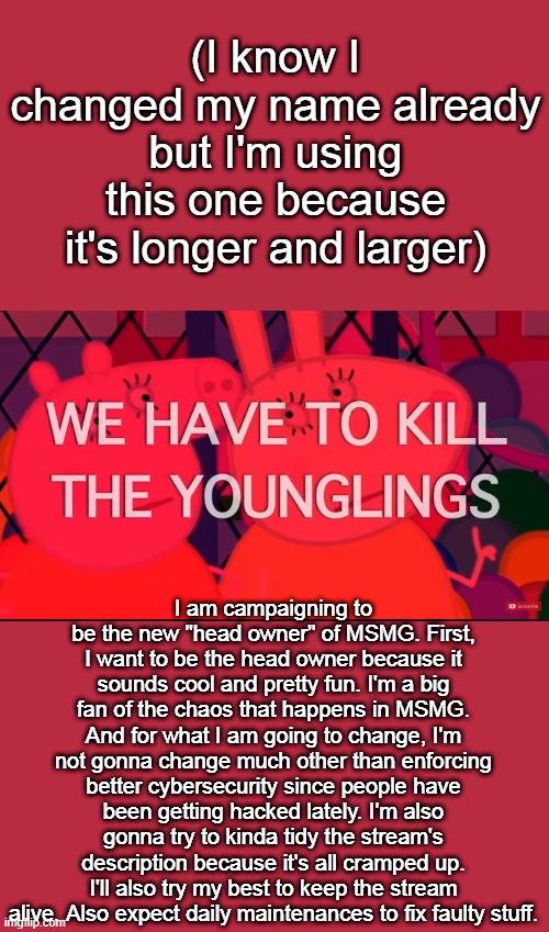 we have to kill the younglings | (I know I changed my name already but I'm using this one because it's longer and larger); I am campaigning to be the new "head owner" of MSMG. First, I want to be the head owner because it sounds cool and pretty fun. I'm a big fan of the chaos that happens in MSMG. And for what I am going to change, I'm not gonna change much other than enforcing better cybersecurity since people have been getting hacked lately. I'm also gonna try to kinda tidy the stream's description because it's all cramped up. I'll also try my best to keep the stream alive. Also expect daily maintenances to fix faulty stuff. | image tagged in we have to kill the younglings | made w/ Imgflip meme maker