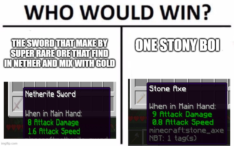 Who Would Win? Meme | ONE STONY BOI; THE SWORD THAT MAKE BY SUPER RARE ORE THAT FIND IN NETHER AND MIX WITH GOLD | image tagged in memes,who would win | made w/ Imgflip meme maker
